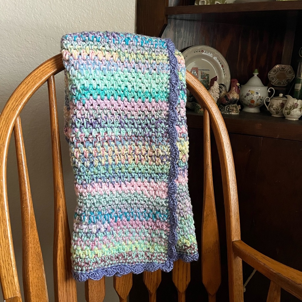 Multicolor Crochet Blanket with Purple Trim
